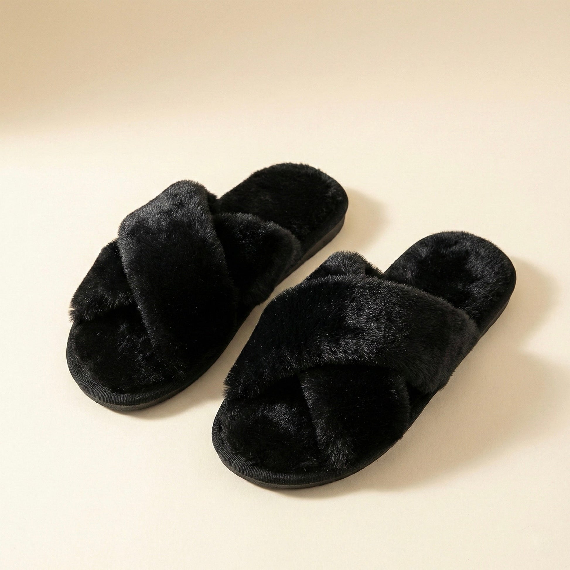 Black Super Fluffy Crossover Slippers - bundled joys co.