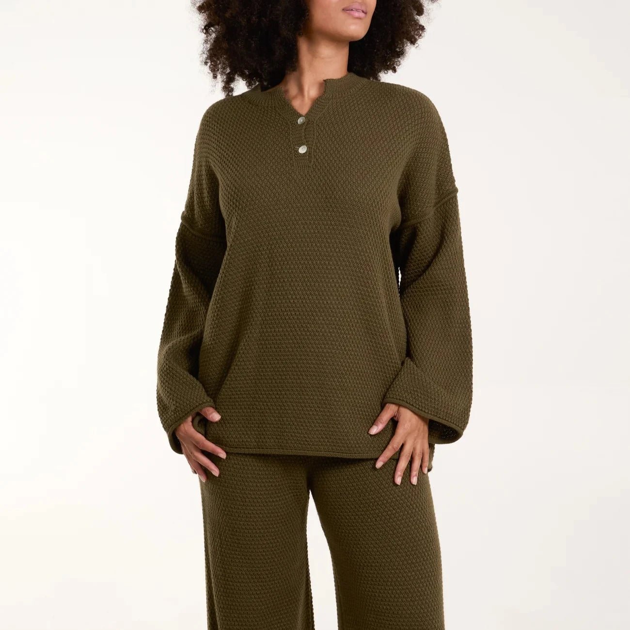 Khaki Knit Button Top and Trouser Set - bundled joys co.